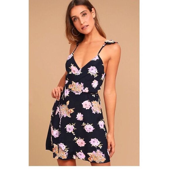 ROE + May Savona Navy Blue Floral Mini Wrap Dress - Picture 2 of 12